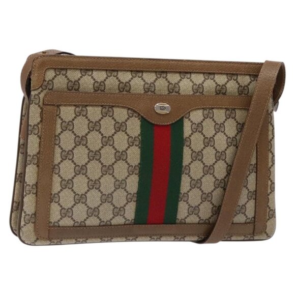 GUCCI GG Supreme Web Sherry Line Shoulder Bag PVC Beige Gold Red Auth - Picture 1 of 15